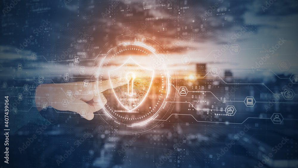 Poster hands touch shield of cyber security digital data, technology global network digital data protection