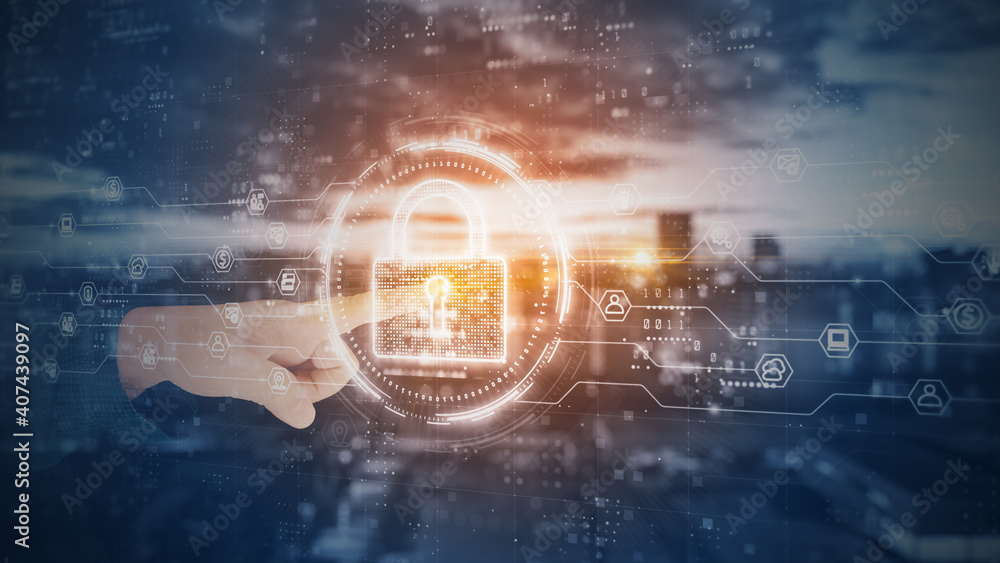 Poster hands touch padlock of cyber security digital data, technology global network digital data protectio