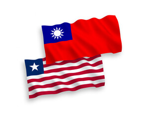 National vector fabric wave flags of Liberia and Taiwan isolated on white background. 1 to 2 proportion.