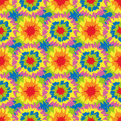 Tie dye circle star shapes seamless vector pattern background. Geometric backdrop with crochet quilt style tropical color painterly spatter design. Retro fun repeat for summer beach vacaction concept