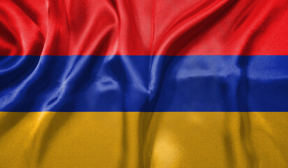 Armenia flag wave close up. Full page Armenia flying flag. Highly detailed realistic 3D rendering