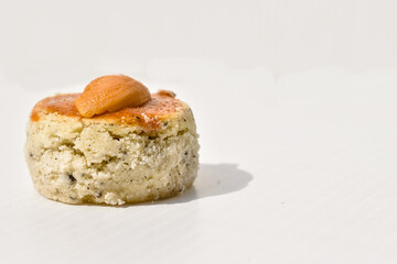 mini biscuits on white background with copy space