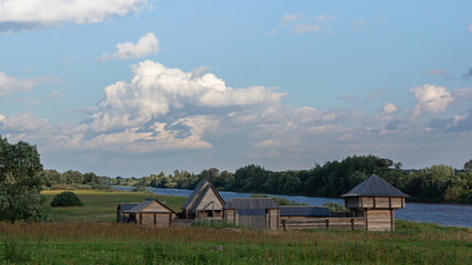 Fototapeta na wymiar An old Russian wooden fortress (reconstruction) at the Rurikovich settlement. Veliky Novgorod, Russia