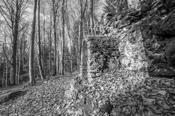 Schwarz weiß Bild Alte mit Steinen gebaute verfallene Kloster Ruine auf der Rusel und Ruselabsatz nähe Geisslinger Stein Königstein und Hausstein im bayerischen Wald bei Deggendorf und Regen, Deutschl