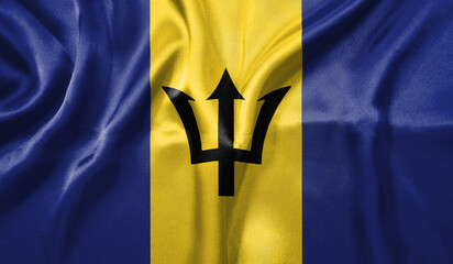 Barbados flag wave close up. Full page Barbados flying flag. Highly detailed realistic 3D rendering - obrazy, fototapety, plakaty