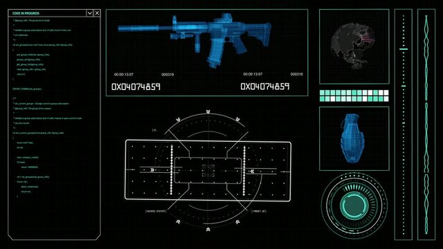 Futuristic HUD elements on a computer military themed display with machine gun and grenade scheme, navigation system and code on a screen. Hitech Illustration