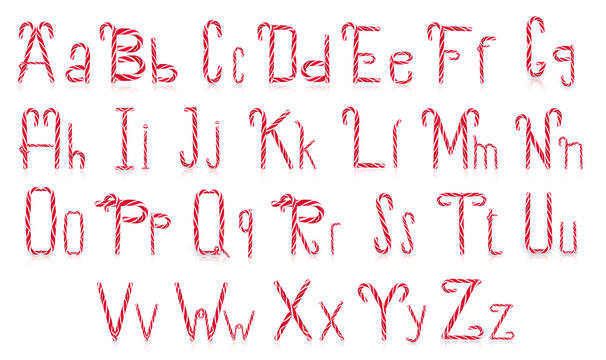 English alphabet from Christmas candy canes isolated on white background. - Powered by Adobe