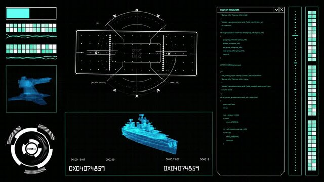 Futuristic HUD elements on a computer military themed display with war ship and machine gun turret scheme, navigation system and code on a screen. Hitech Illustration