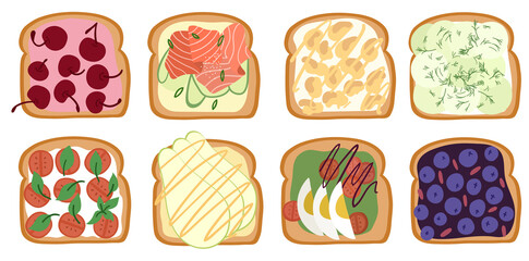 Set of cute and tasty avocado,salmon and sweet toast. Vector hand drawn illustration.