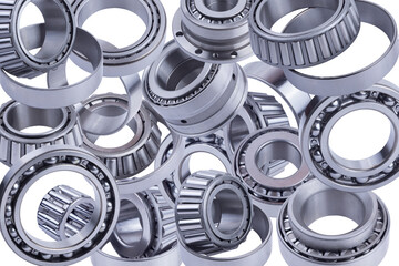 set of truck roller bearings on white background isolated. front and rear view. Part of the car