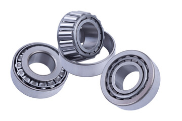 set of truck roller bearings on white background isolated. front and rear view. Part of the car