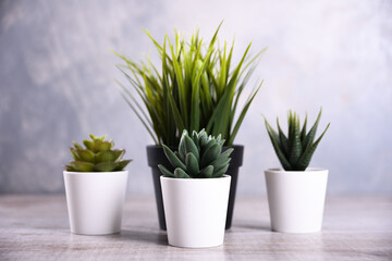 Artificial flowers grass different form in a pot on wooden background close up with copy space and text