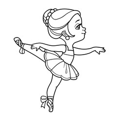 Сute cartoon little ballerina girl on one leg outlined for coloring isolated on a white background