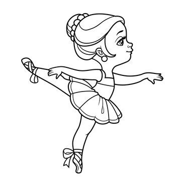 Сute cartoon little ballerina girl on one leg outlined for coloring isolated on a white background