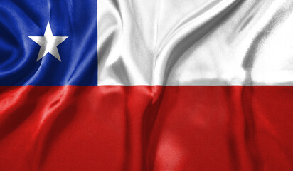Chile flag wave close up. Full page Chile flying flag. Highly detailed realistic 3D rendering