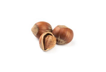 Hazelnuts with open nut isolated over white background