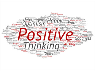 Fototapeta premium Vector concept, conceptual positive thinking, happy strong attitude abstract word cloud isolated on background. Collage of optimism smile, faith, courageous goals, goodness, happiness inspiration text