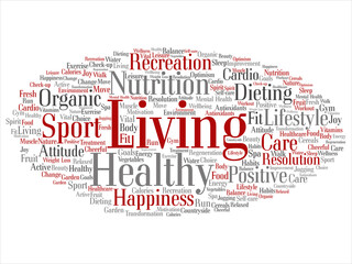 Vector concept or conceptual healthy living positive nutrition sport abstract word cloud isolated background. Collage of happiness, care, organic, recreation workout, beauty, vital healthcare spa text