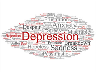 Vector concept conceptual depression or mental emotional disorder problem abstract word cloud isolated background. Collage of anxiety sadness, negative, sad, despair, unhappy, frustration symptom text