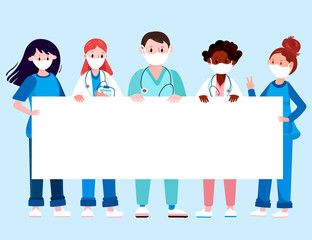 Doctor in mask hold on Blank Banner.Black amd White medical professionals in uniform stay with board. Team of practitioners during corona. Healthcare concept Paramedic, Nurse, Surgeon with Blank.
