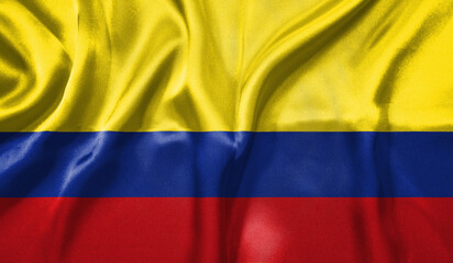 Colombia flag wave close up. Full page Colombia flying flag. Highly detailed realistic 3D rendering