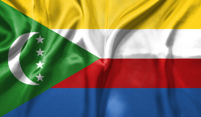 Comoros flag wave close up. Full page Comoros flying flag. Highly detailed realistic 3D rendering