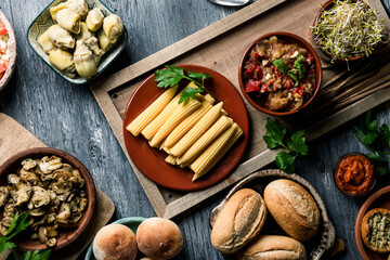 vegan snacks, dips, ingredients and side dishes