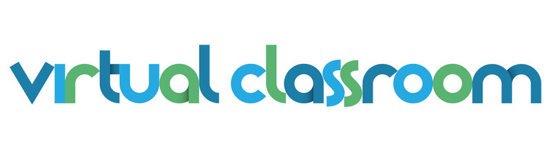 VIRTUAL CLASSROOM blue and green vector typography banner isolated on white background