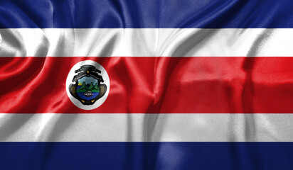 Costa Rica flag wave close up. Full page Costa Rica flying flag. Highly detailed realistic 3D rendering