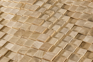 Abstract pattern of pine planks. Wood blanks form texture. Details of the timber close-up. Handicraft hobby