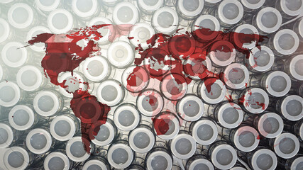 Map of world with vaccines in backgroud, Coronavirus outbreak. Pathogen affecting the respiratory tract. COVID-19 infection. Concept of a pandemic, viral infection. 3D illustration