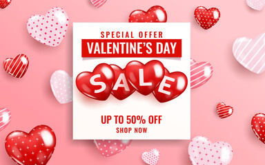 Realistic vector template of Valentine's Day sale background with balloons hearts icon. Romantic...