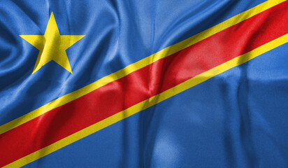 Democratic Republic of the Congo flag wave close up. Full page Democratic Republic of the Congo flying flag. Highly detailed realistic 3D rendering