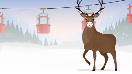 Great horned deer. Cable car with trailers in the winter forest. Funicular carriage. The forest is with deer and snow. Cartoon style. Vector illustration.
