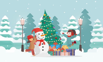 Children make a snowman in the forest. New Year tree, trees, a mountain of gifts. Vector.