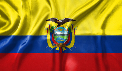 Ecuador flag wave close up. Full page Ecuador flying flag. Highly detailed realistic 3D rendering