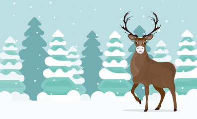A large reindeer stands on a snowdrift in the forest. Reindeer with large antlers. Snowy forest. Vector illustration