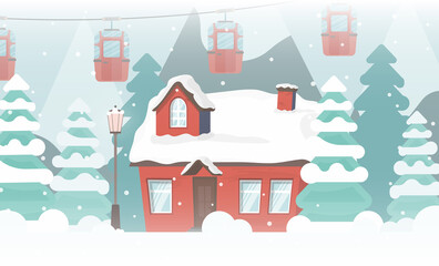 Fototapeta na wymiar House in a snowy forest. Christmas trees, mountains, snow, cable car or funicular. Vector illustration.