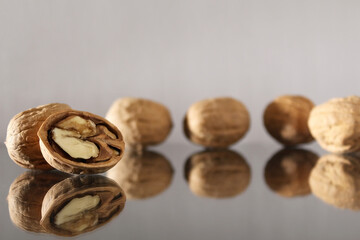walnuts lie on a glass table