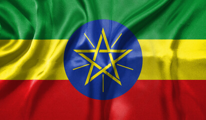 Ethiopia flag wave close up. Full page Ethiopia flying flag. Highly detailed realistic 3D rendering
