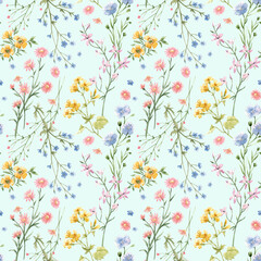 Beautiful seamless floral pattern with watercolor gentle spring flowers. Stock illustration.