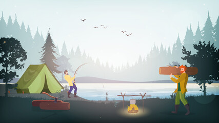 The man is fishing. The guy carries firewood. Landscape with a lake, forest, fire, pine tree and tent. Flat vector illustration of tourism and recreation in the wild.