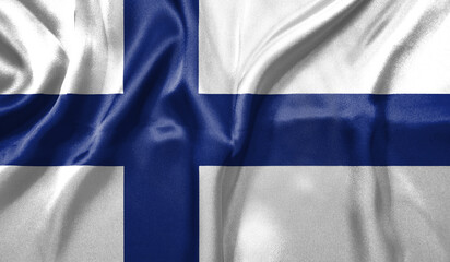 Finland flag wave close up. Full page Finland flying flag. Highly detailed realistic 3D rendering