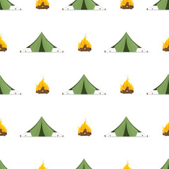 Seamless pattern with green tent and bonfire. Good on the topic of travel and camping. Vector.