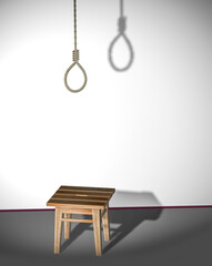 Rope, stool, wall, shadow. 3d rendering. The concept of suicide