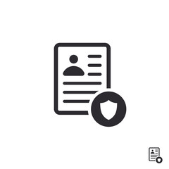 Document icon. Paper icon. File access. Document protection. File security. Data protection. Personal information security. Profile icon. Personal document. Identification card. Shield icon. Insurance
