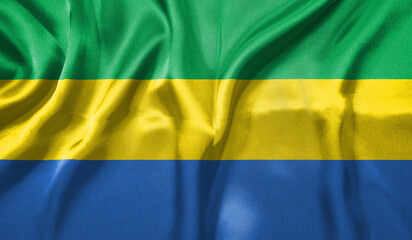 Gabon flag wave close up. Full page Gabon flying flag. Highly detailed realistic 3D rendering