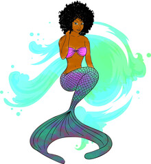 watercolor illustration of afro mermaid