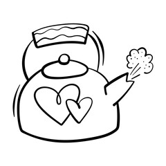 Valentines Day theme doodle Vector icon of hand drawn teapot with heart shape on a white background.