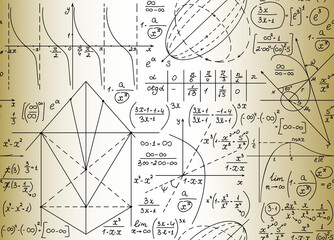 Math vector seamless pattern with handwritten formulas, calculations, figures, chalk writings on blackboard effect
